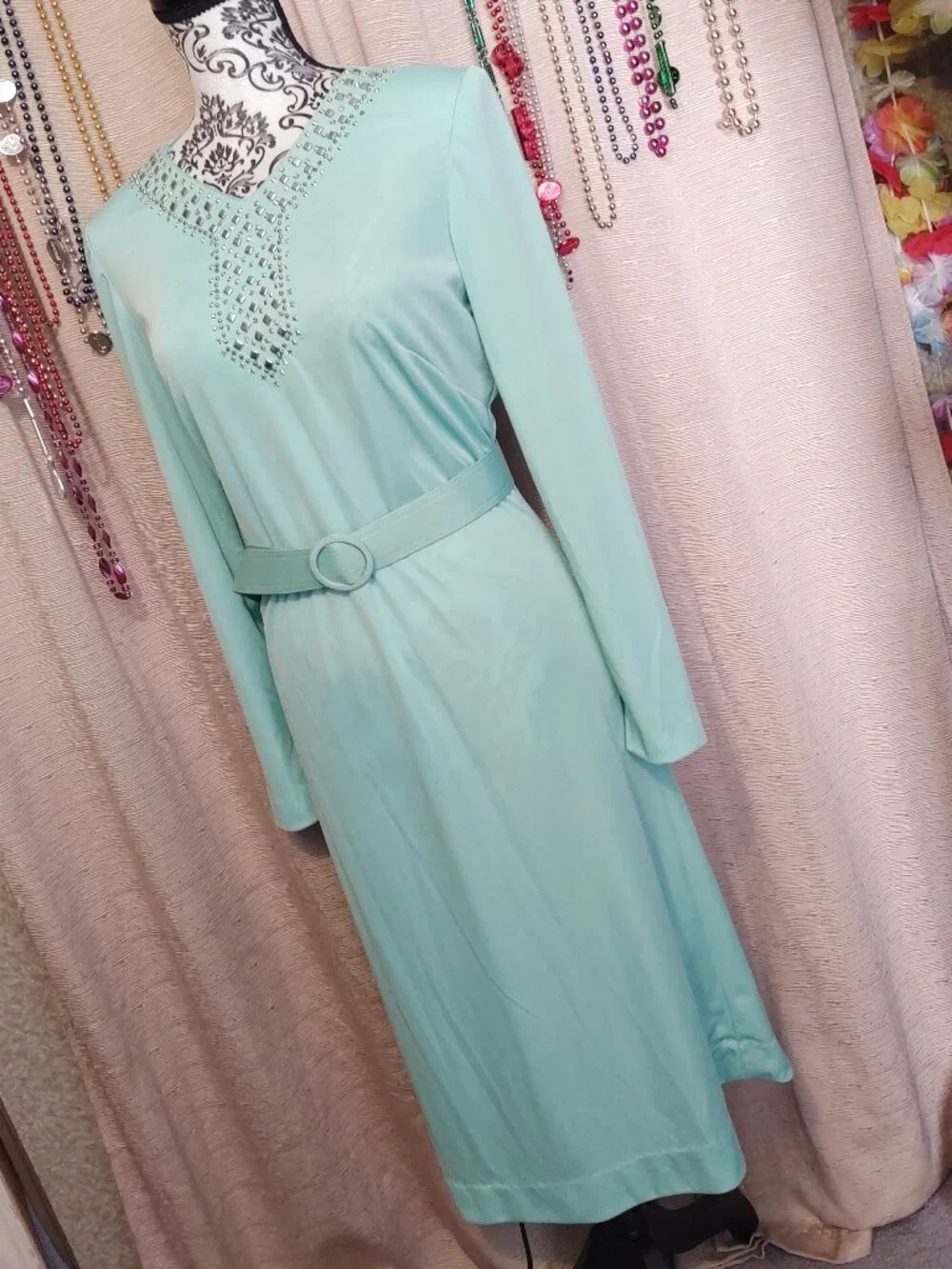 Vintage Mint Green Long Sleeve Midi Dress